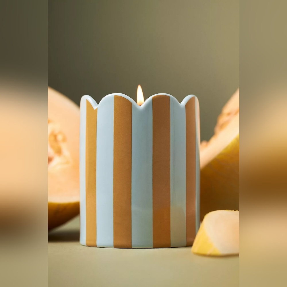 💰 SOLD 💰 Anthropologie Woody Melon & Musk Striped Scallop Ceramic Candle